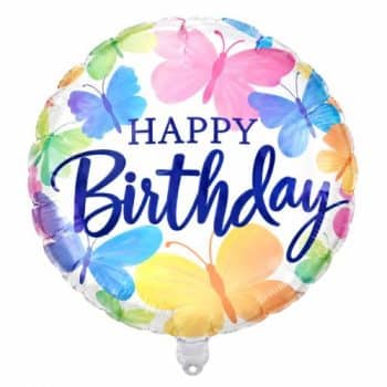 בלון  עגול Happy Birthday בעיצוב פרפרים צבעוניים